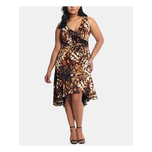 XSCAPE Womens Brown Sleeveless V Neck Midi Cocktail Sheath Dress Plus 16W